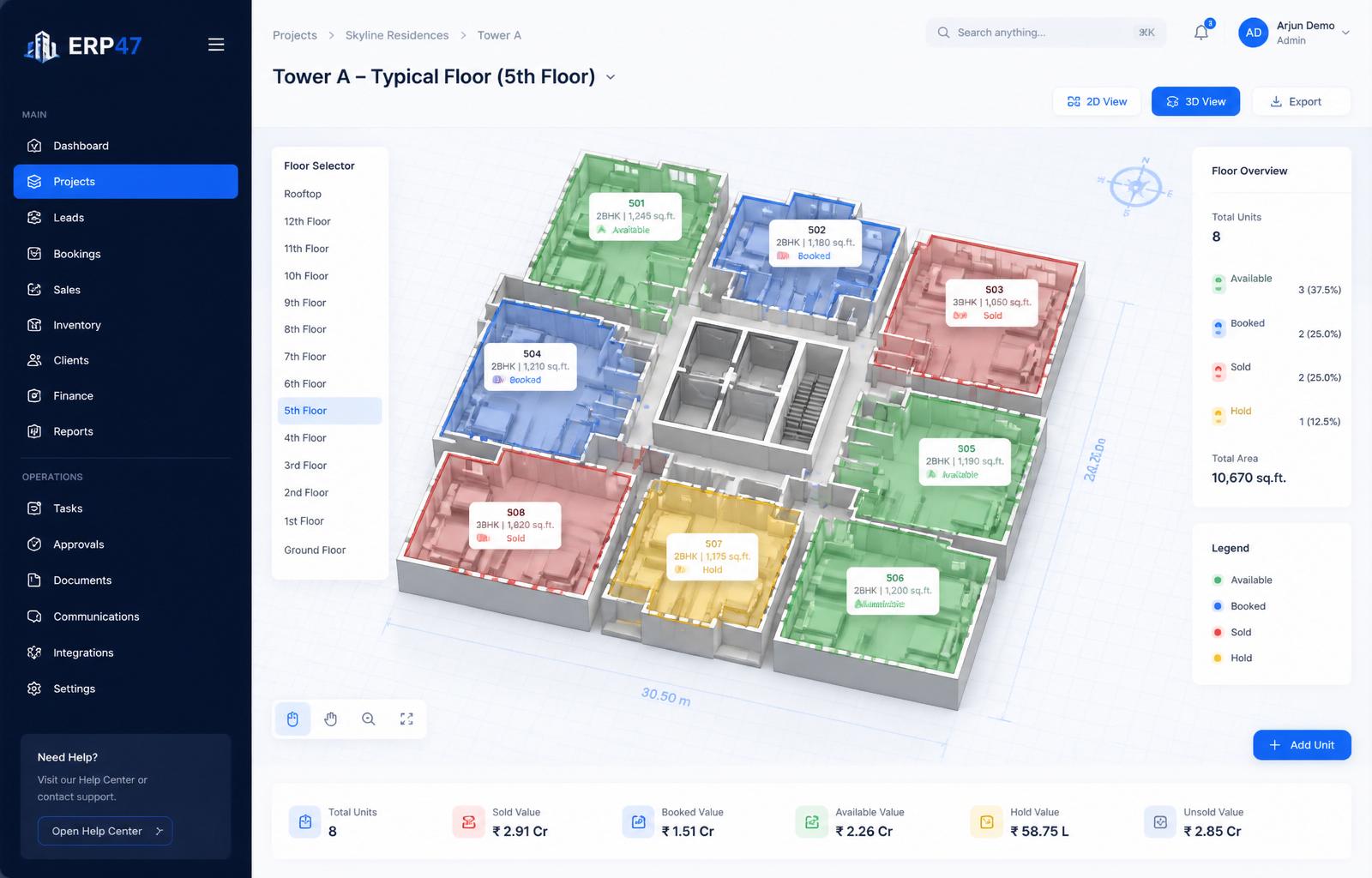 ERP47 interactive floor plan with color-coded unit status